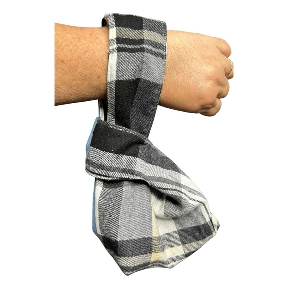 Japanese Knot Bag Handmade Half Denim Half Plaid Wrist Bag Lined 11.5x5.5x4 New - Picture 7 of 12